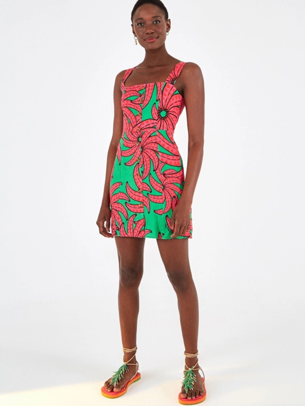 Farm Rio Linen Green & Pink Floral Print Square-Neck Dress - Picture 3 of 6